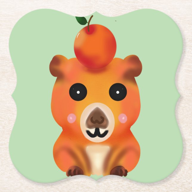 Posavasos De Papel Cute Capybara Borroso con Naranja | Ar Kawaii Anim (Anverso)