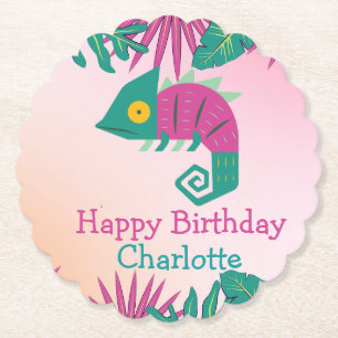Posavasos De Papel Cute chameleon Selva floral Animales chica de cump