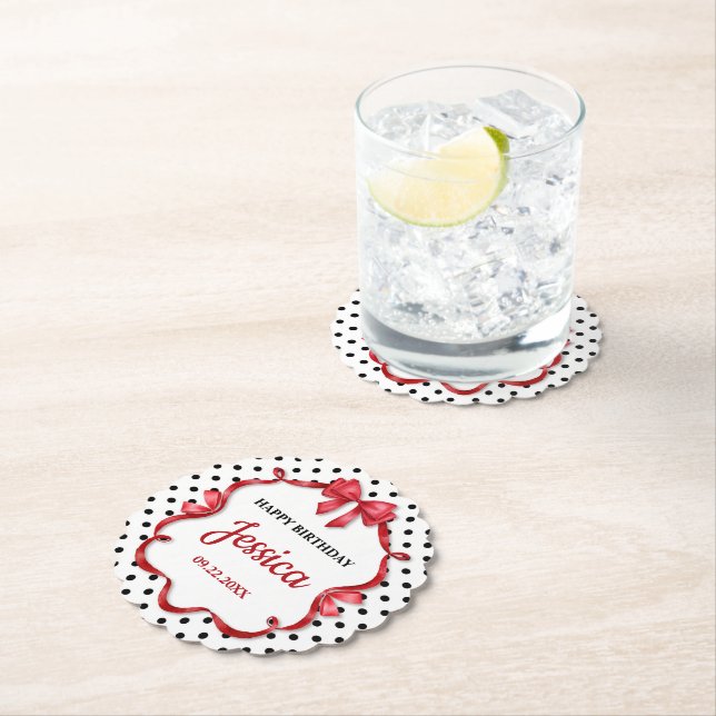 Posavasos De Papel Cute Crimson Bow Birthday (In situ)