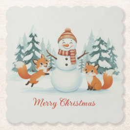 Posavasos De Papel Cute Foxes and Snowman Merry Christmas