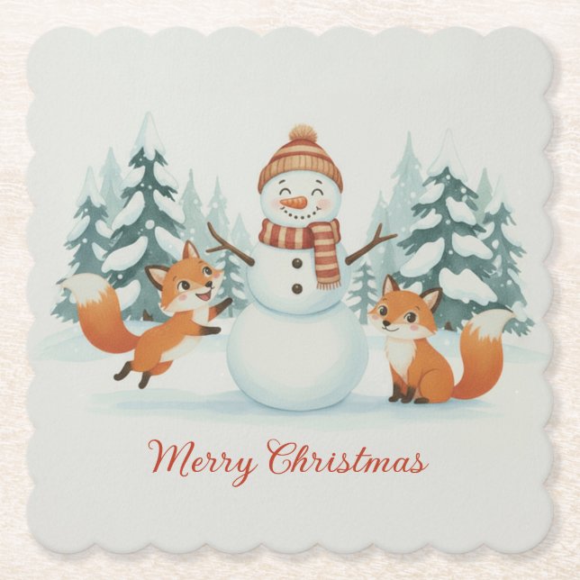 Posavasos De Papel Cute Foxes and Snowman Merry Christmas (Anverso)