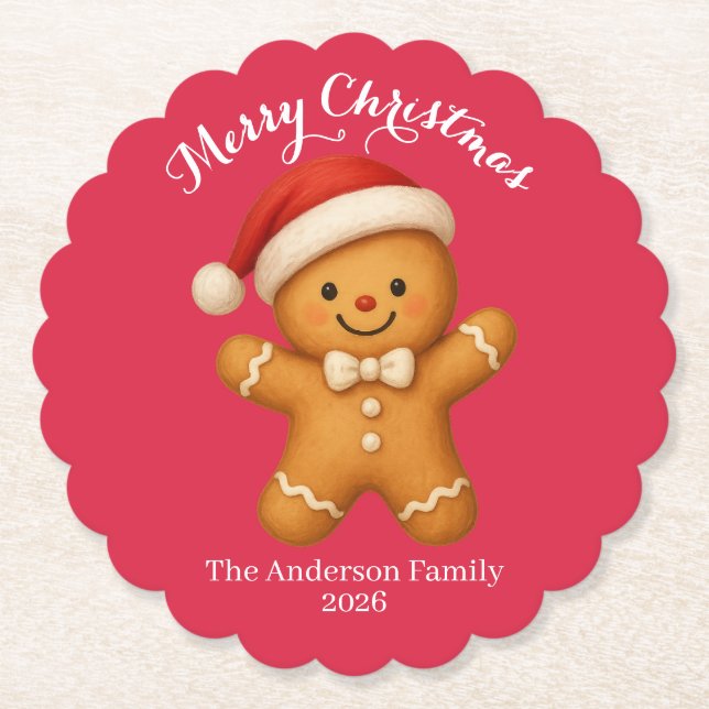 Posavasos De Papel Cute Gingerbread Man with Santa Hat -  (Anverso)