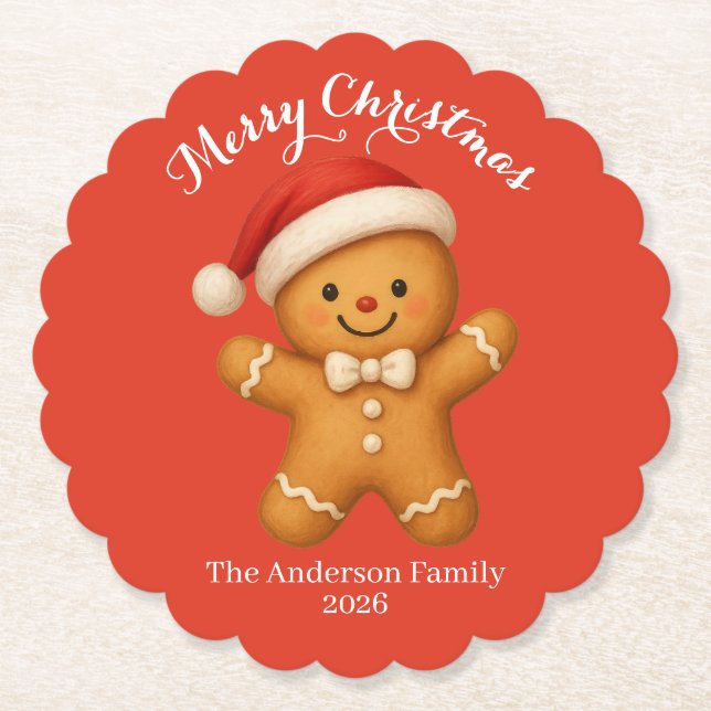 Posavasos De Papel Cute Gingerbread Man with Santa Hat -  (Anverso)