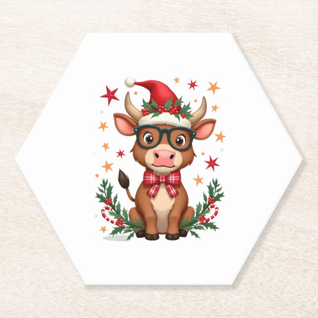 Posavasos De Papel Cute Highland Cow Lover Santa Hat Western Christma (Anverso)