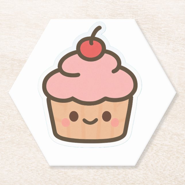 Posavasos De Papel Cute Kawaii Cupcake with Cherry – Happy Face Carto (Anverso)