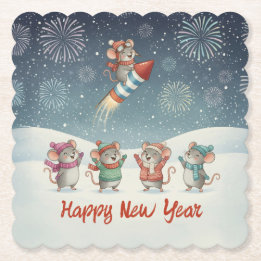 Posavasos De Papel Cute Mice Happy New Year Fireworks