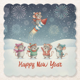 Posavasos De Papel Cute Mice Happy New Year Fireworks