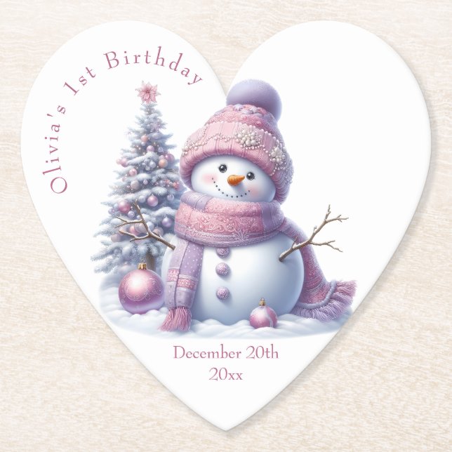 Posavasos De Papel Cute Pink Snowman Winter Birthday (Anverso)