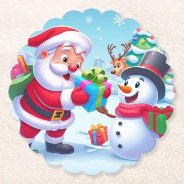 Posavasos De Papel Cute Santa y Snowman (Anverso)
