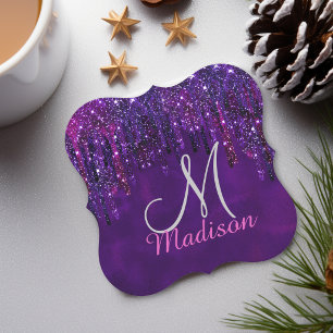 Posavasos De Papel Cute Unicornio de purpurina rosa morado con monogr
