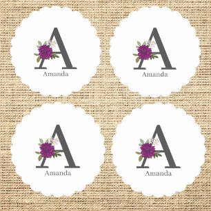 Posavasos De Papel Dahlia Floral Burgundy Alfabeto Letra Monograma 