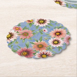 Posavasos De Papel Daisies rosas sobre el patrón floral azul
