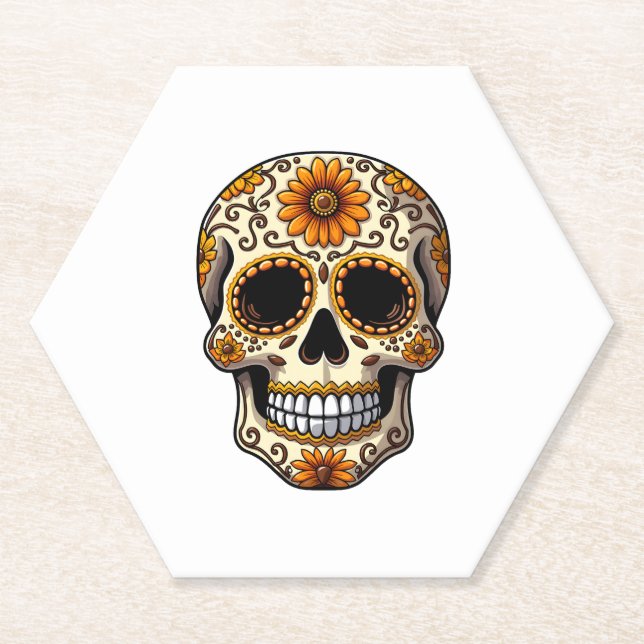 Posavasos De Papel Day Of Dead Sugar Skull Floral Skeleton Head Bone  (Anverso)