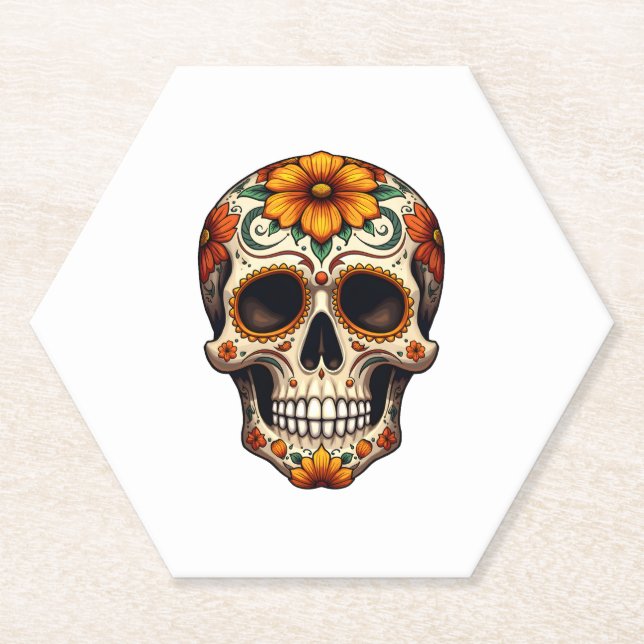 Posavasos De Papel Day Of Dead Sugar Skull Floral Skeleton Head Bone  (Anverso)