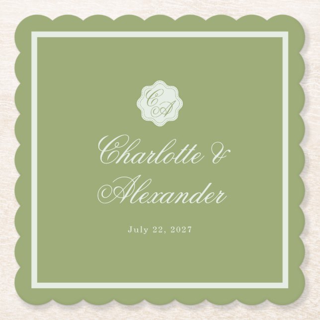 Posavasos de papel de boda de caligrafía verde mus (Anverso)
