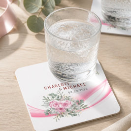 Posavasos de papel de boda de onda rosa y floral