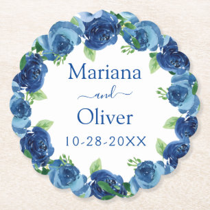 Posavasos de papel de boda floral azul marino