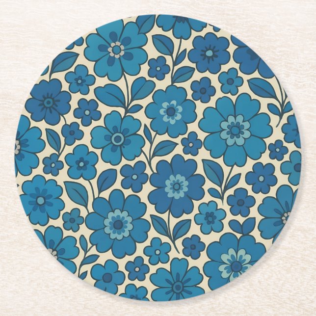 Posavasos de papel de flores azules retro – Más fo (Anverso)