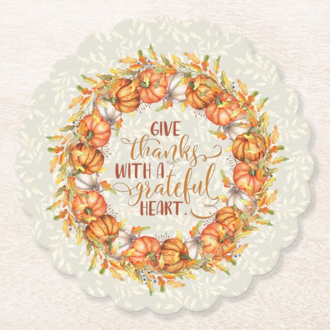 Posavasos De Papel Dé gracias a la Wreath de calabaza (Anverso)