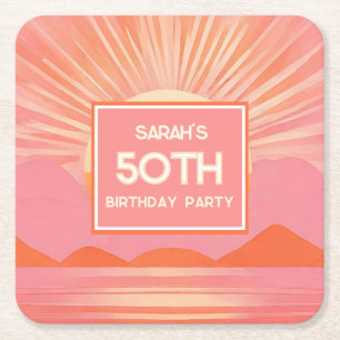 Posavasos de papel de puesta de sol rosa de cumple