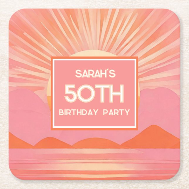 Posavasos de papel de puesta de sol rosa de cumple (Anverso)