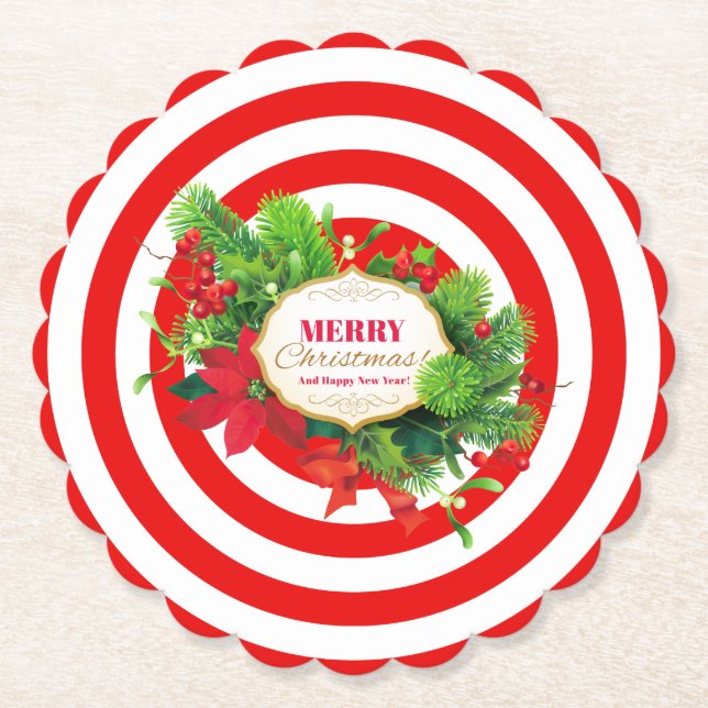 Posavasos de Papel de Rayas Rojas de Navidad (Anverso)