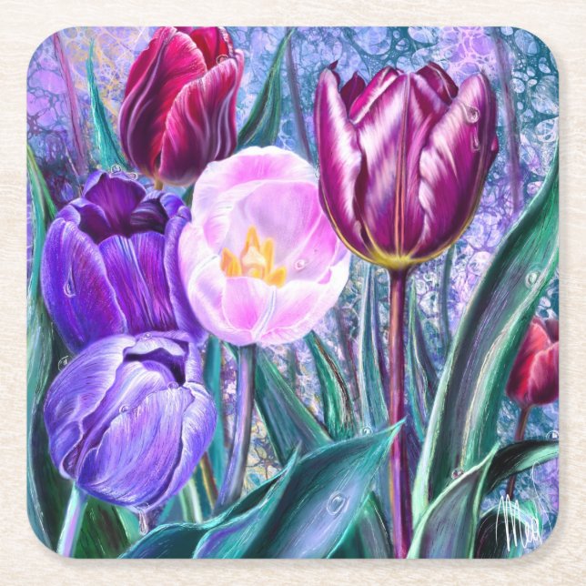 Posavasos de papel de tulipanes coloridos (Anverso)