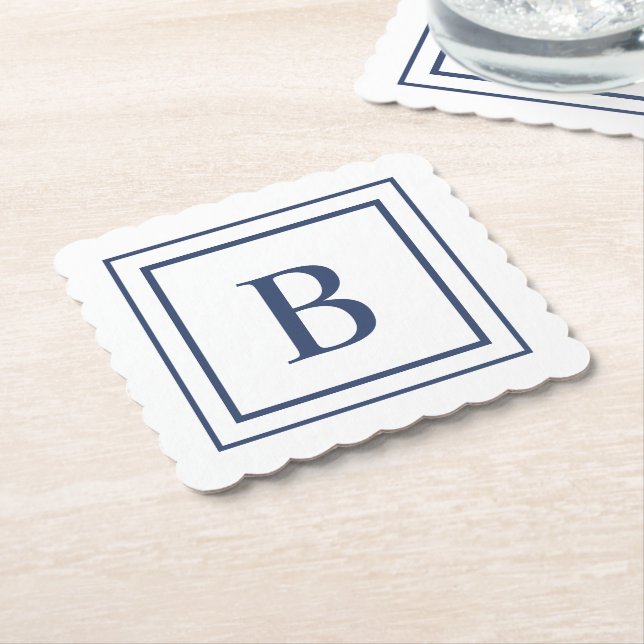 Posavasos De Papel Deep Navy And White Square Border Monogram  (En perspectiva)