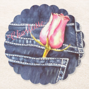 Posavasos De Papel Denim azul y floral rosa