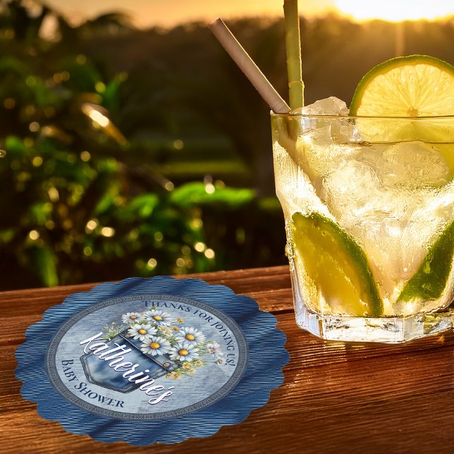 Posavasos De Papel Denim Blue Jean | Daisies Floral Baby Shower (Blue Jean Pocket Denim and Daisies Baby Shower Paper Coaster)