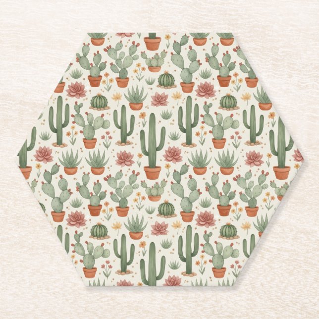 Posavasos De Papel Desert Cacti Succulent Seamless Pattern (Anverso)