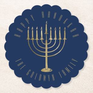 Posavasos De Papel Día de fiesta azul feliz de Menorah del oro de