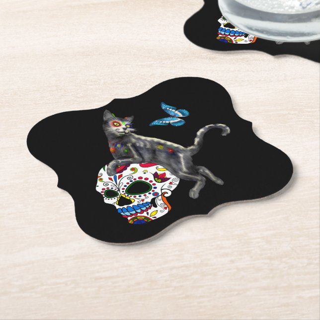 Posavasos De Papel Día De La Calavera De Azúcar De Gato Muerto Y Mari (En perspectiva)