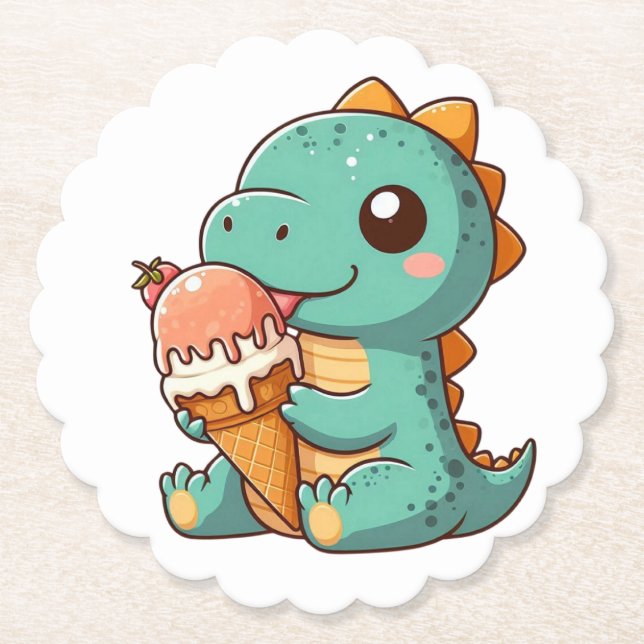Posavasos De Papel Dino de comer helado lindo (Anverso)