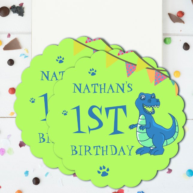 Posavasos De Papel Dinosaurios azules verdes niños con temas de cumpl (Green Blue Dinosaur Themed Kids Birthday Party Paper Coaster)