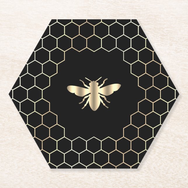 Posavasos De Papel diseño de abejas hexagonales en negro (Anverso)