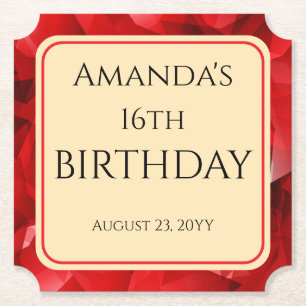 Posavasos De Papel Diseño de cristal abstracto rojo Cumpleaños Texto