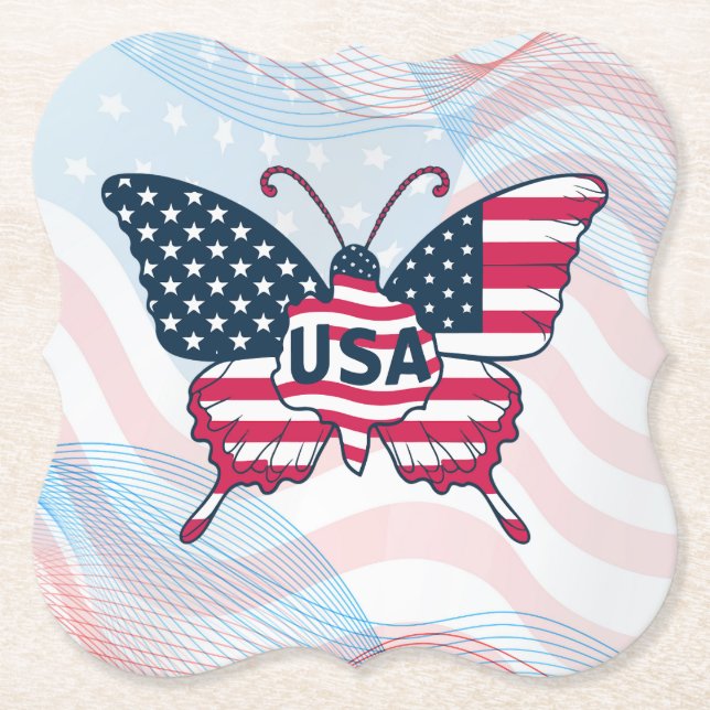 Posavasos De Papel Diseño de mariposa de bandera estadounidense-62616 (Anverso)