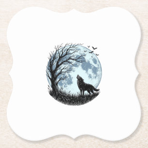 Posavasos De Papel Diseño de silueta de árbol de luna aullando lobo v