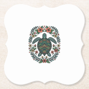 Posavasos De Papel Diseño vectorial floral de tortuga marina vintage_