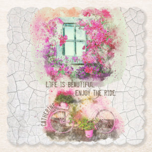 Posavasos De Papel Disfruta Del Paseo   Bicicleta acuarela con flores