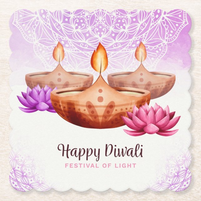 Posavasos De Papel Diwali con Diya y Rangoli (Anverso)