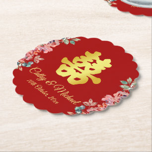 Posavasos De Papel Doble felicidad floral de boda china roja