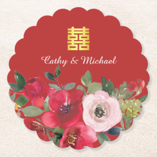 Posavasos De Papel Doble felicidad floral moderna acuarela roja rosa