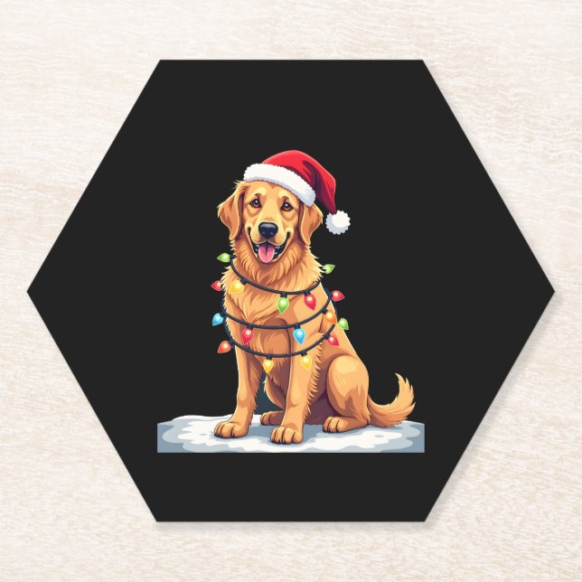 Posavasos De Papel Dog Golden Retriever Santa Navidades Xmas Lights ( (Anverso)