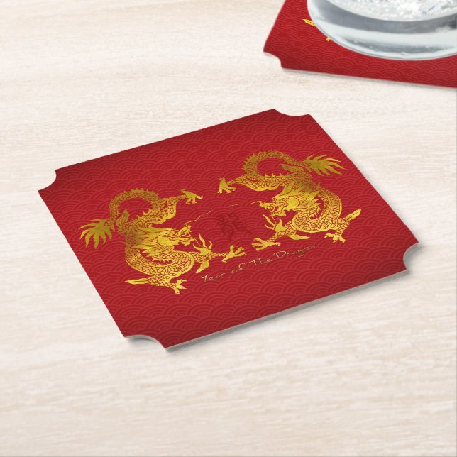 Posavasos De Papel Dragón chino dorado con un viejo Ideograma PCo (En perspectiva)