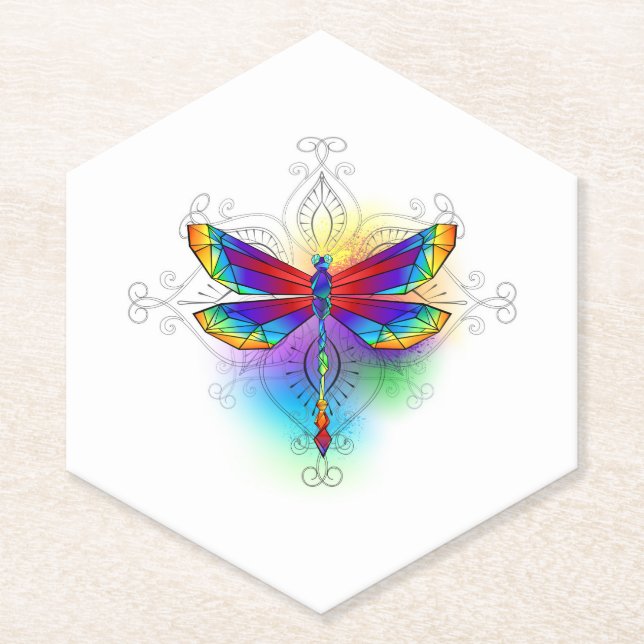 Posavasos De Papel Dragón poligonal arcoiris (Anverso)