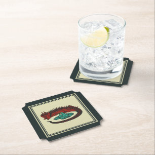 Posavasos De Papel Dragón verde rojo vintage Lady Vector Art Nouveau