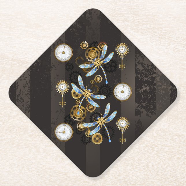 Posavasos De Papel Dragoniscos de Steampunk sobre fondo rayado marrón (Anverso)