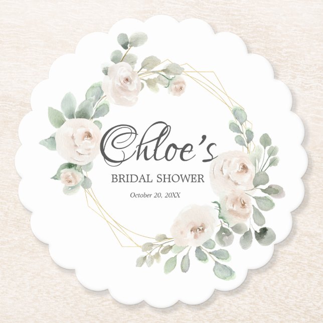 Posavasos De Papel Ducha de novia floral de rosa blanca Eucalyptus (Anverso)